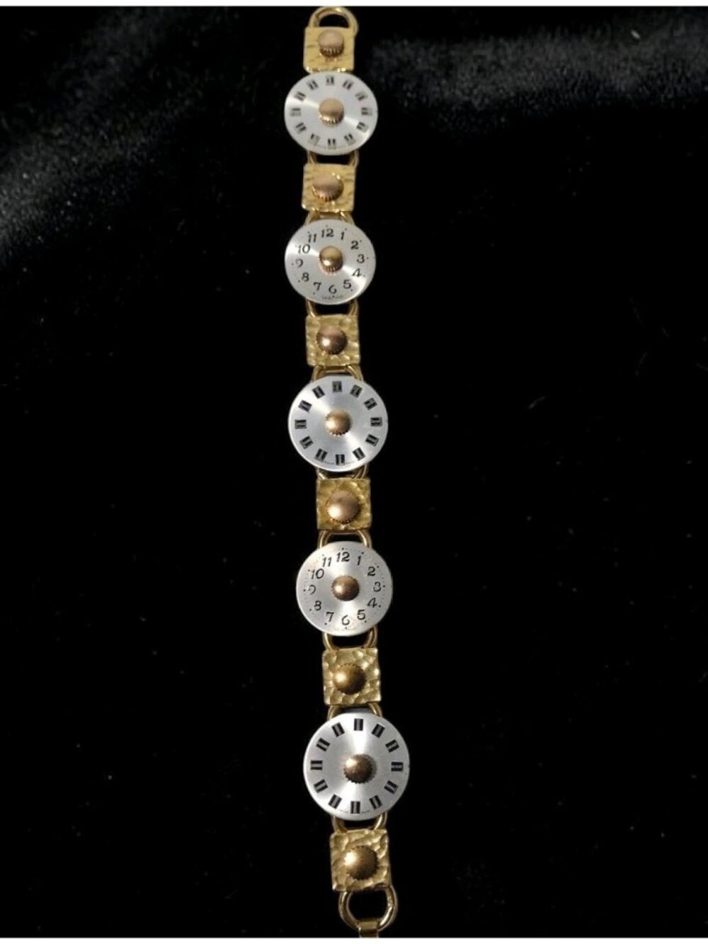 Rose Gold Tone Hammered Clock Face Medallion Link Bracelet 8"